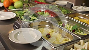 Smorgasbord with salads on dining in a restaurant, panorama of dishes