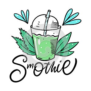 Smothie Green Cocktail. Organic product. Cartoon style. Vector illustration. Isolated on white background.