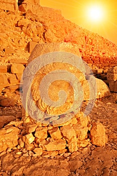 SMount Nemrut the head in front of the statues. The UNESCO World Heritage Site at Mount Nemrut where King Antiochus of Commagene i photo