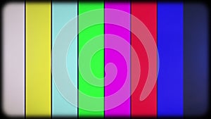 SMPTE color bars with VHS effect. Effect retro TV with kinescope. Old CRT TV color rendering test. TV Noise with
