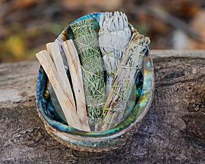 Smudge kit - Palo Santo sticks, Wildcrafted dried white sage Salvia apiana, Mugwort Artemisia vulgaris, and Siskiyou Cedar photo