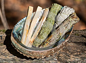 Smudge kit - Palo Santo sticks, Wildcrafted dried white sage Salvia apiana, Mugwort Artemisia vulgaris, and Siskiyou Cedar photo