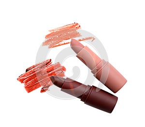 Smudged lipstick isolated on white background.