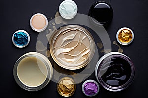 Smudges and samples of various beauty products, cream, moisturizer, serum on black background. AI generative