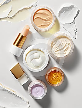 Smudges and samples of various beauty products, cream, moisturizer, serum on off white background. AI generative flat lay