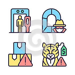 Smugglers activities prevention RGB color icons set