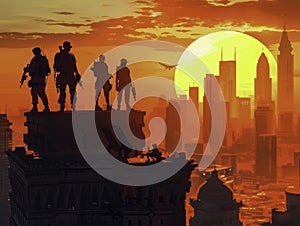 Smugglers silhouettes against smart city sunrise quests