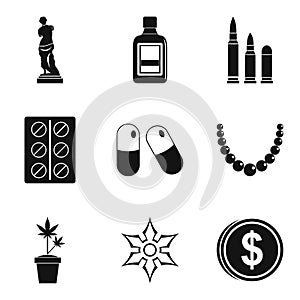 Smuggling goods icons set, simple style photo