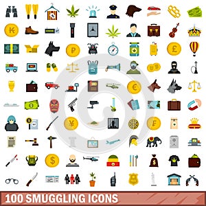 100 smuggling icons set, flat style photo