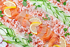 Swedish sandwich like cake or sandwich torte is a dish with seafood ingredients like salmon, shrimps and prawns photo