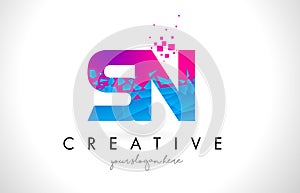 SN S N Letter Logo with Shattered Broken Blue Pink Texture Design Vector.