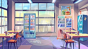 Snack bar with dirty tables, broken chairs, counter, vending machines and window with city view in a food court interior