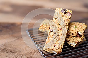 Snack bar or energy bar on cooking rack