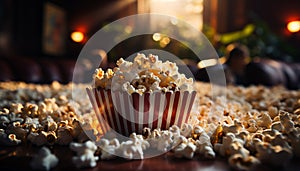 Snack box on table, movie night with sweet refreshments generated by AI
