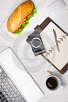 Snack at break time. Healthy business lunch in office, top view