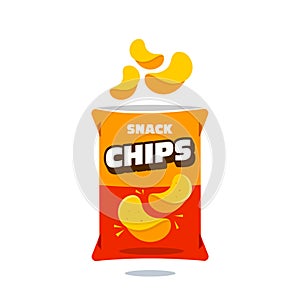 Snack chips bag plastic packaging design illustration icon for food and beverage business, potato snack branding element logo