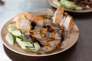 Snack and dessert, Chinese traditional deep fried tofu served with cucumber slice