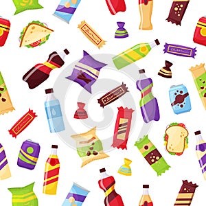 Snack fast food and drinks products seamless pattern. Beverage bottles, sandwich, soda and juice. Food store elements