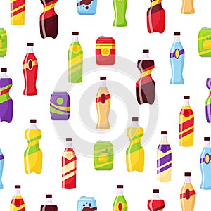 Snack fast food and drinks products seamless pattern. Beverage bottles, soda and juice. Food store elements pattern