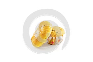 snack food, cupcake and bread isolated white background