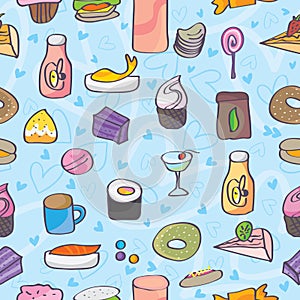 Snack food love doodle seamless pattern