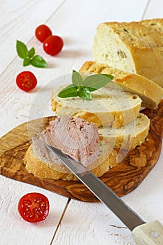 Snack: French maize bread, pate and three tomatoes