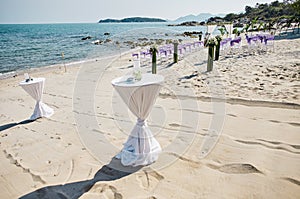 Snack, Glasses table decorating with white cloth on the beach, beach wedding venue background