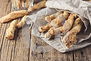 Snack of Grissini Bread Sticks on a Wooden Background Tapas Bar Homemade Bread Sticks Copy Space