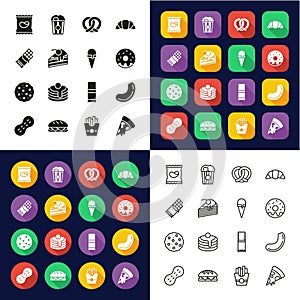 Snack Or Junk Food Icons All in One Icons -Black & White-Color Flat Design-Thin Line- Set