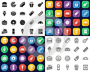 Snack Or Junk Food Icons -Black & White-Color Flat Design-Thin Line- Set