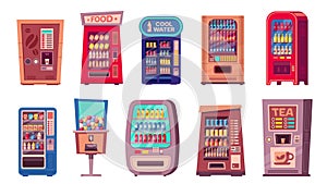 Snack machine. Cartoon vending machine with sweets, soda and coffee, cartoon vending machine with snacks for sale