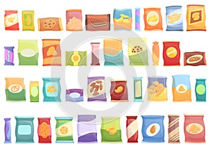 Snack pack icons set cartoon vector. Candy bag