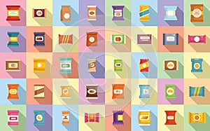 Snack pack icons set flat vector. Candy bag