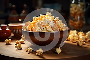 Snack perfection the table graced with a bowl of popcorn photo