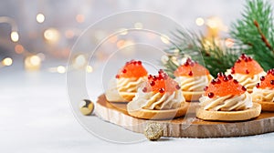 Snack Plate. Holiday Table. Salmon and Red Caviar Canapes . Sandwiches with Salmon and Red Caviar.