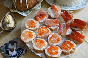 Snack Plate. Holiday Table. Salmon and Red Caviar Canapes.