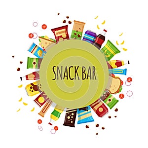 Snack product with circle. Fast food snacks, drinks, nuts, chips, cracker, juice, sandwich for snack bar isolated on photo