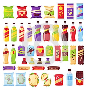 Snack set, fast food and drinks products. Beverage bottles, sandwith in pack, soda and juice for vending machine. Food