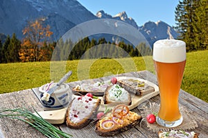 Snack with spreads in the Bavarian Alps
