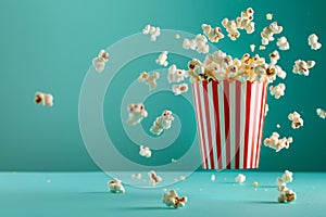 Snack time concept with popcorn leaping from a retro striped box, frozen in motion