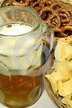 Snack Time with Pretzels, Chips & Beer