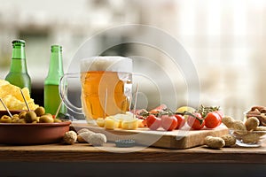 Snacks and beer on wooden bench in a local drinking