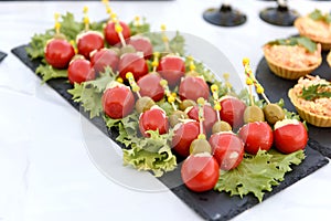 Snacks and canapes and tartlets stuffed in the assortment on the buffet table.