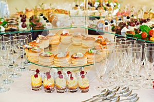 Snacks, fish and meat specialities on the buffet. Desserts. A gala reception. Served tables. Catering