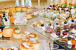 Snacks, fish and meat specialities on the buffet. A gala reception. Served tables. Catering