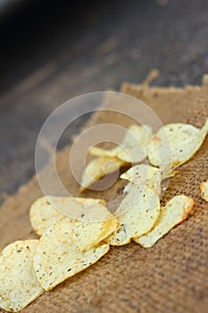 Snacks potatoes plate on a yellow background