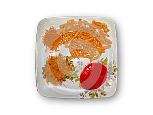 Snacks served in white plate spicy catch-up