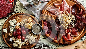 Snacks and Wine appetizer sets, cold meat plates with sausage, ham, salami, prosciutto, bacon and cheese plate with parmesan, blue