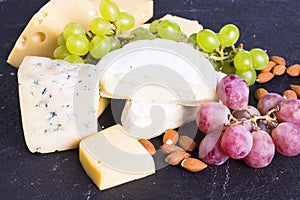 Snacks with wine - various types of cheeses, figs, nuts, honey, grapes