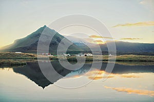 Snaefellsjokull, view of the famous mountain snow and the village in the western of Iceland